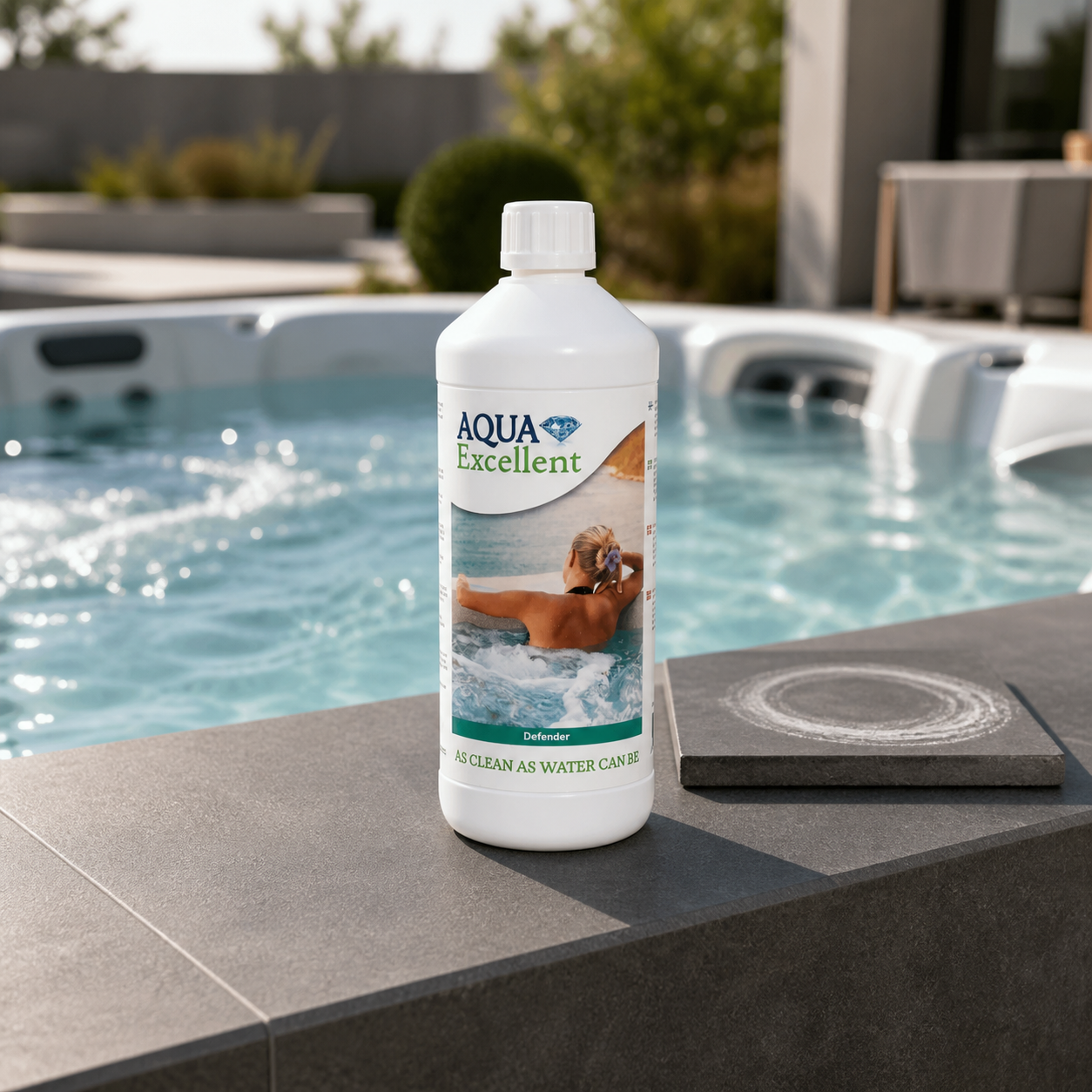 Aqua Excellent Defender anti-calcaire sur le bord d’un spa