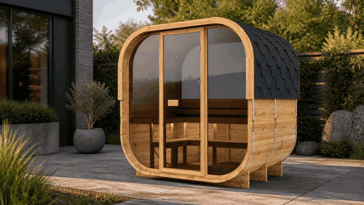 Sauna extérieur Cube 210 installé sur une terrasse paysagée