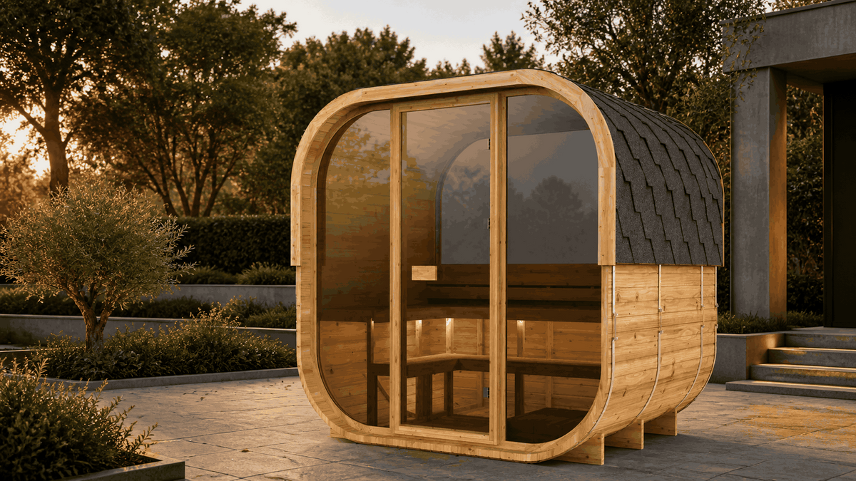Sauna extérieur Cube 250 installé sur une terrasse paysagée