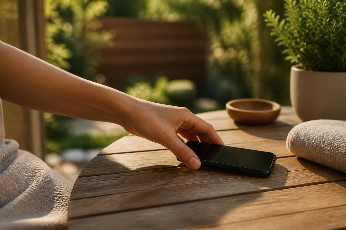 Barrel 210 - Sauna extérieur 4-6 places dans une scène de calme mental avec un téléphone posé face contre table