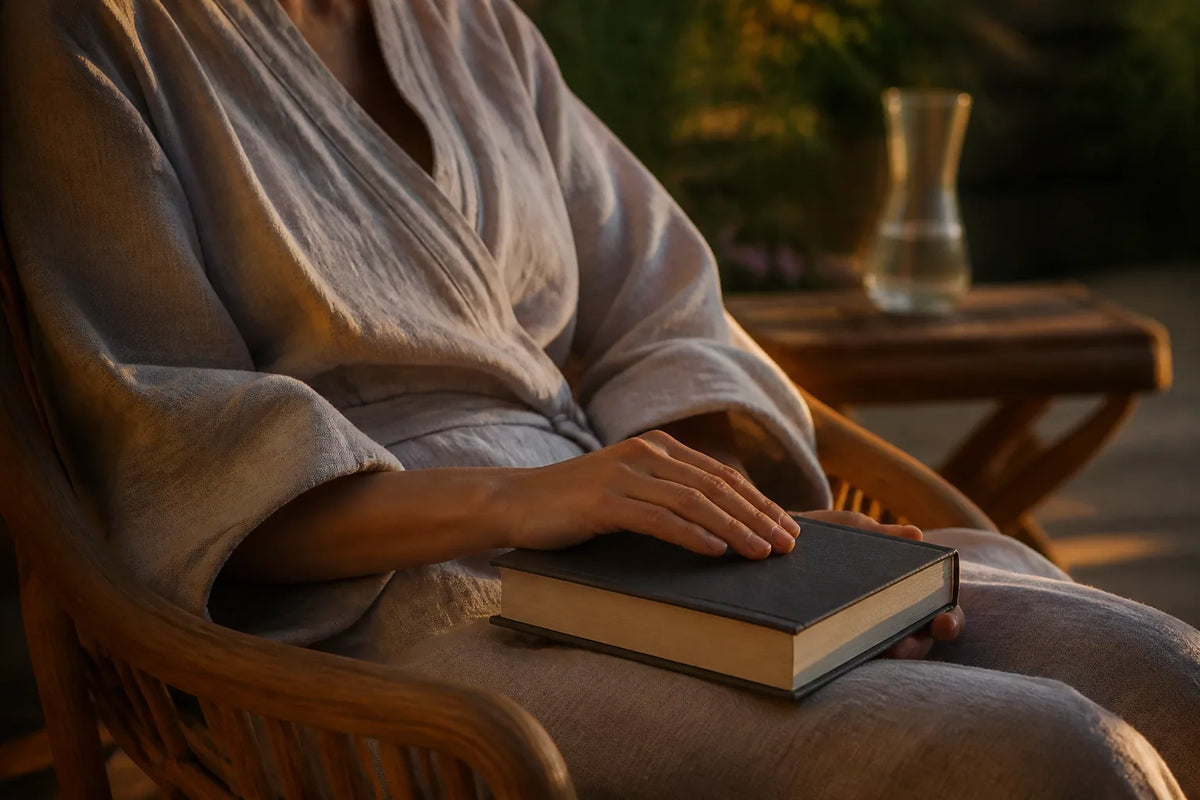 Barrel 210 - Sauna extérieur 4-6 places en lumière du soir avec un peignoir et un livre pour la transition vers le repos