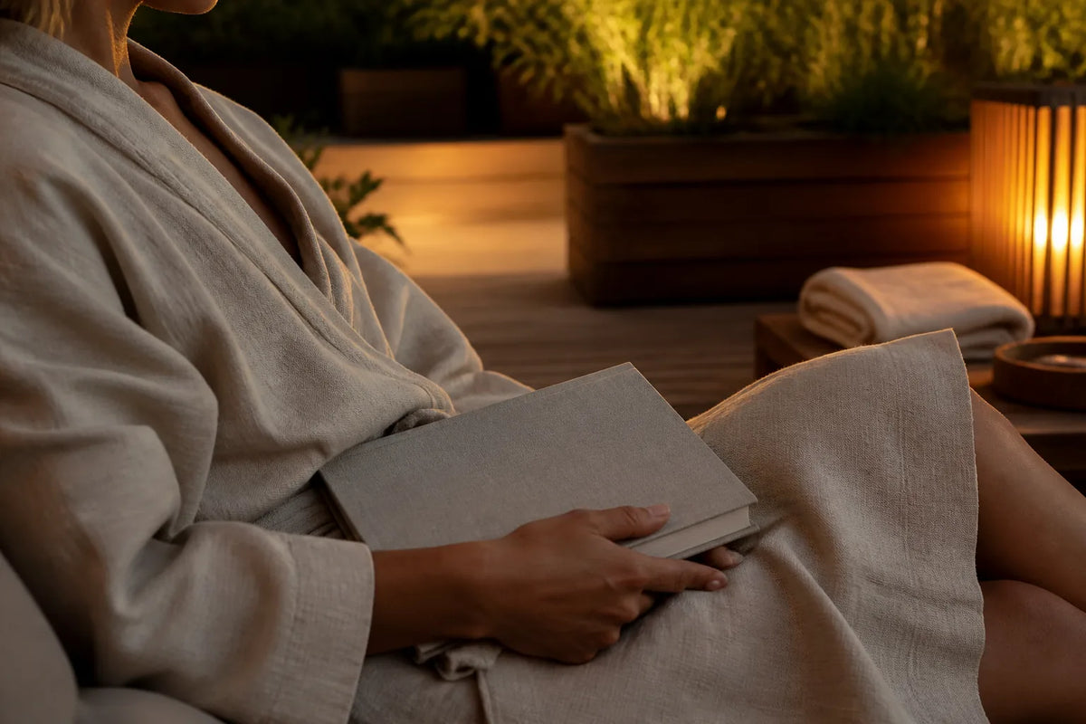Barrel 250 - Sauna extérieur 6-8 places en lumière du soir avec un peignoir et un livre pour la transition vers le repos