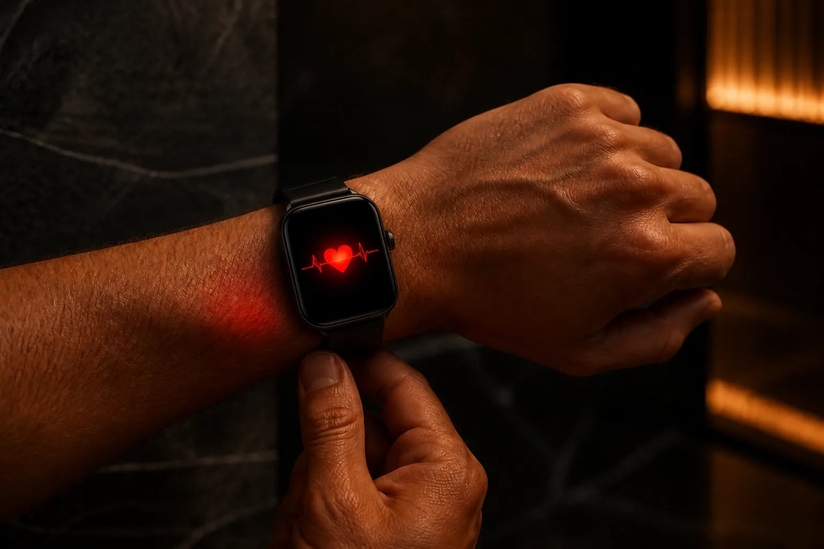 Nero 160 - Indoor-Sauna für 2-3 Personen mit einer Nahaufnahme einer Smartwatch, die nur ein rotes Herzsymbol zeigt