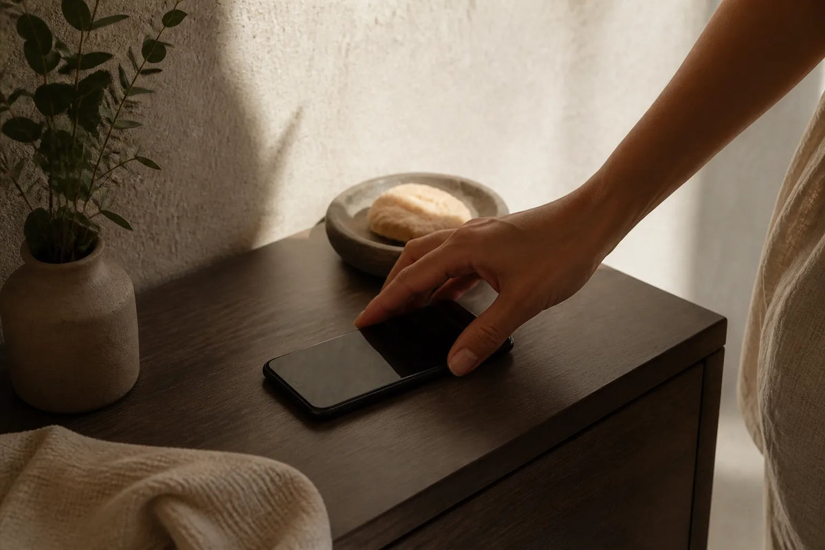 Nero 210 - Sauna intérieur 3-4 places dans une scène de calme mental avec un téléphone posé face contre table