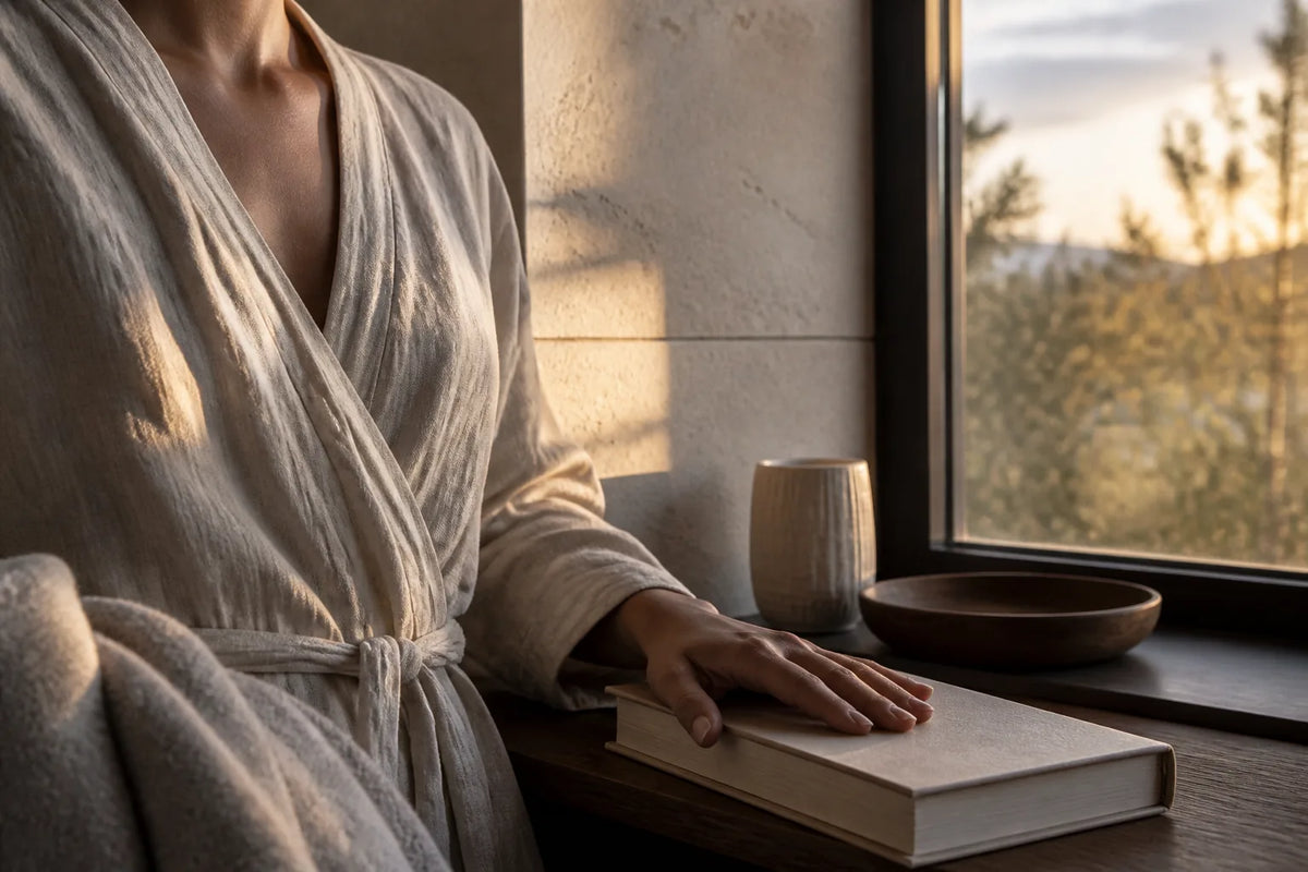 Nero 210 - Sauna intérieur 3-4 places en lumière du soir avec un peignoir et un livre pour la transition vers le repos