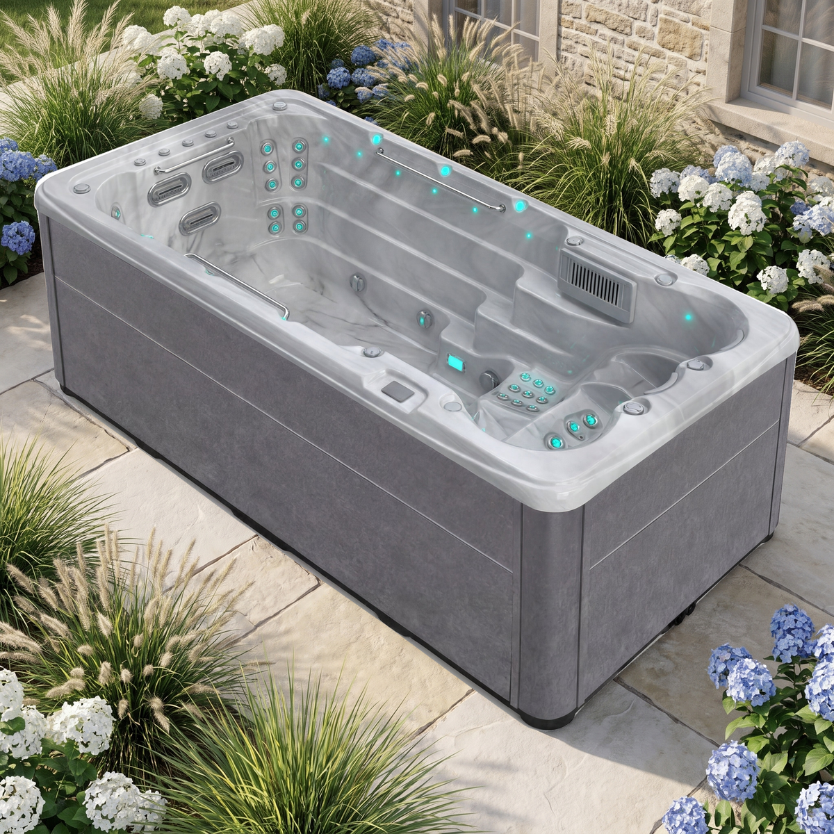 SwimFlow Odyssey en situation dans un jardin