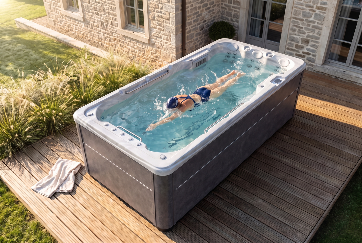 Eine Schwimmerin schwimmt gegen die Gegenstromdüsen des SwimFlow Odyssey auf einer Holzterrasse.