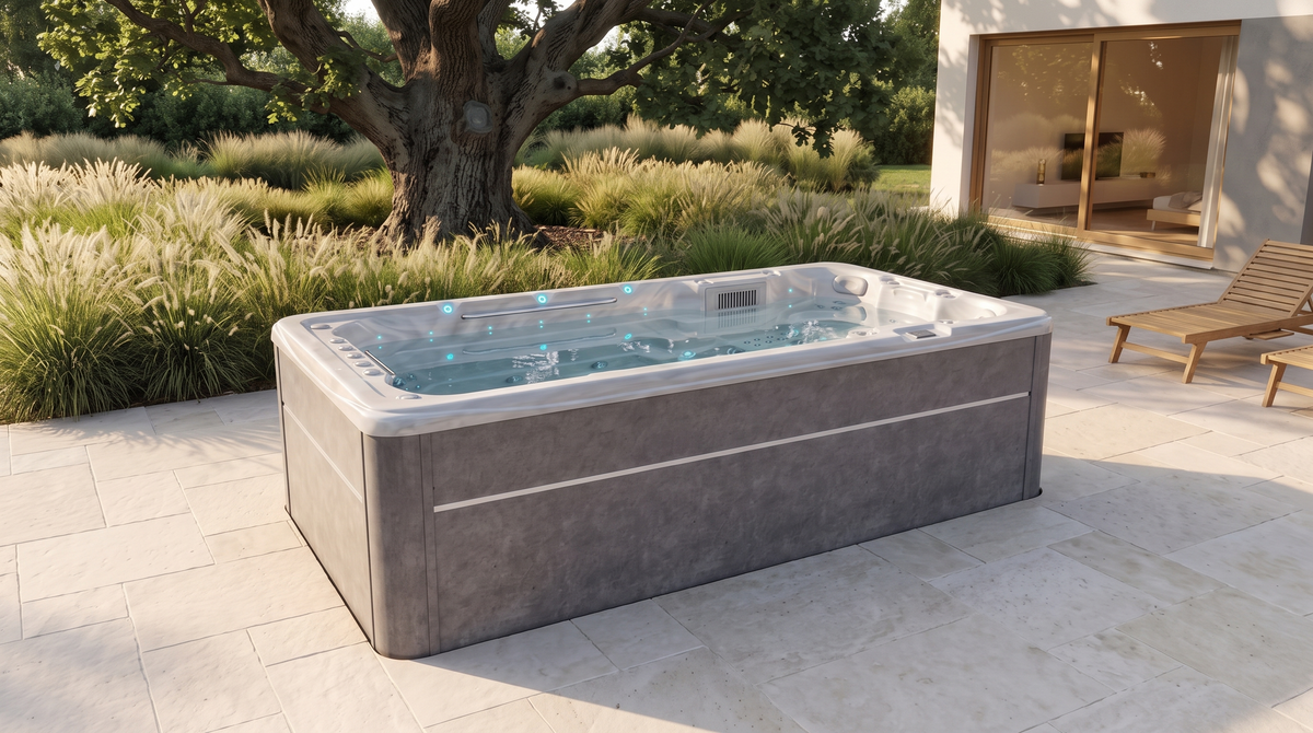 SwimFlow Odyssey intégré à une terrasse en pierre dans un jardin paysager.