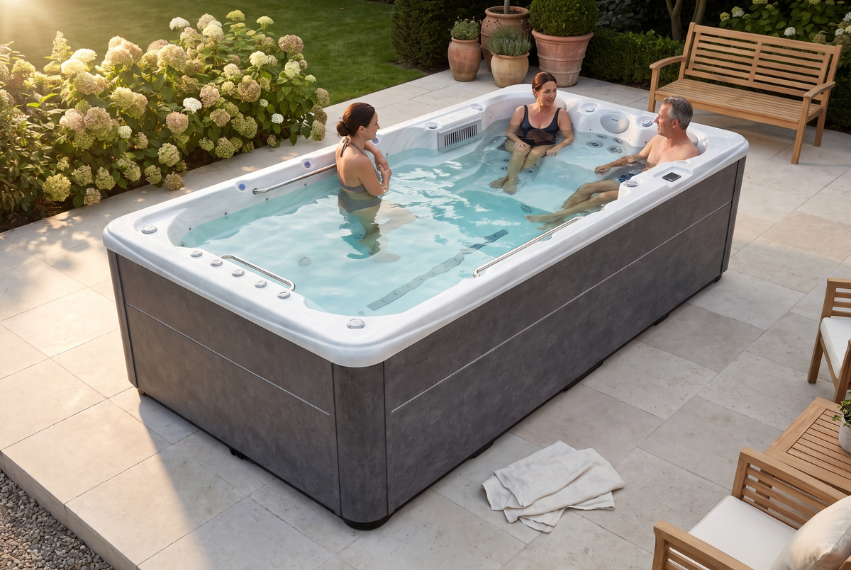 Trois adultes profitent du SwimFlow Sterling Marble dans un jardin fleuri.