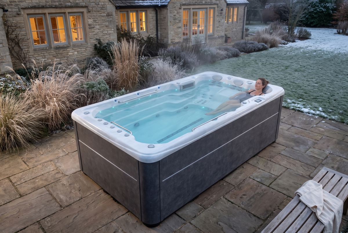 Détente dans le SwimFlow Sterling Marble chauffé, dans un jardin givré au crépuscule.