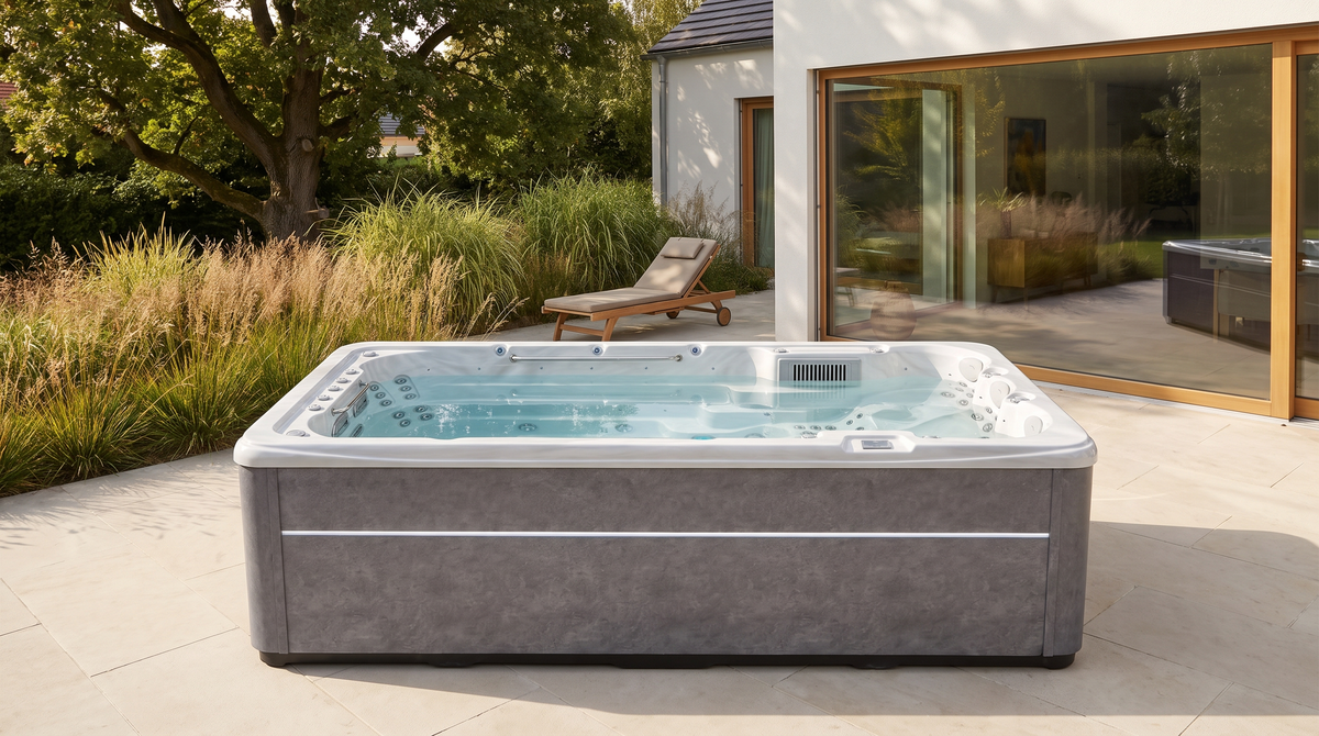 SwimFlow Sterling Marble posé sur une terrasse minérale, dans un jardin arboré.