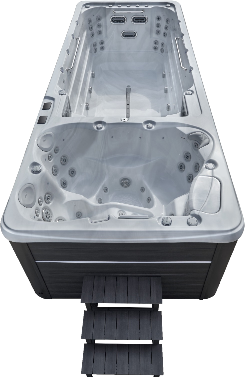 Spa de nage SwimFusion Silver Marble, vue de face avec son escalier