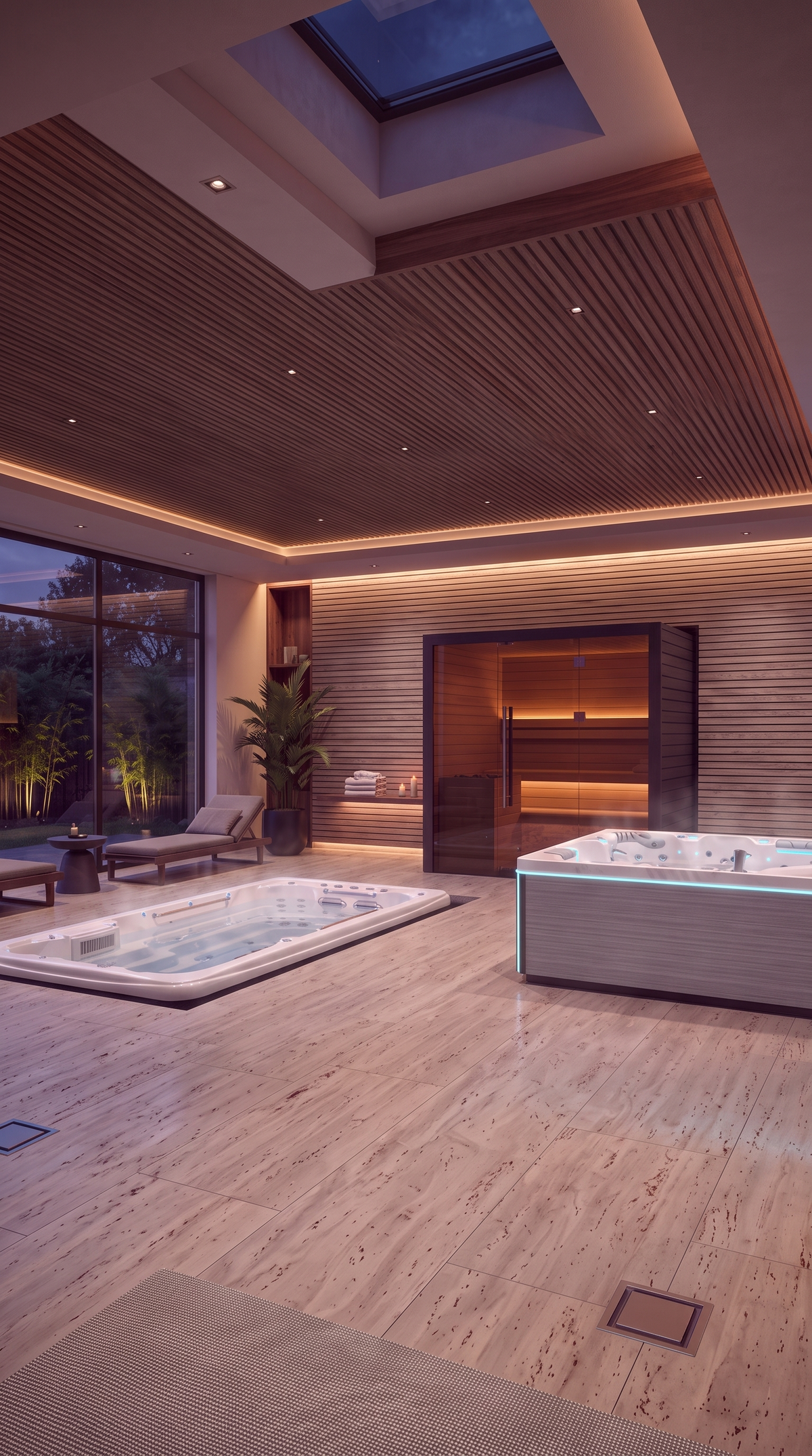 Whirlpool, Sauna und Swim Spa in einem Wellnessbereich von Market Spas