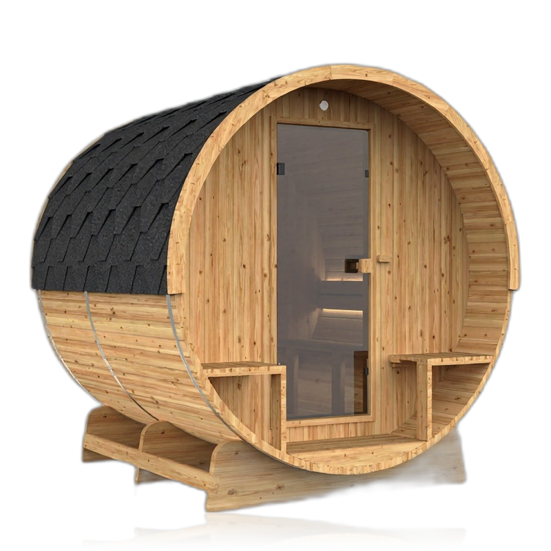 Barrel 210, sauna NODO, vue 4, posé au sol