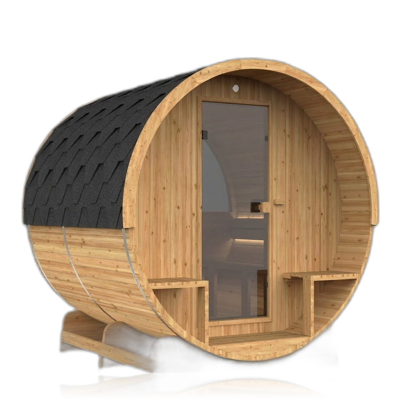 Barrel 250, sauna NODO, vue 2, posé au sol