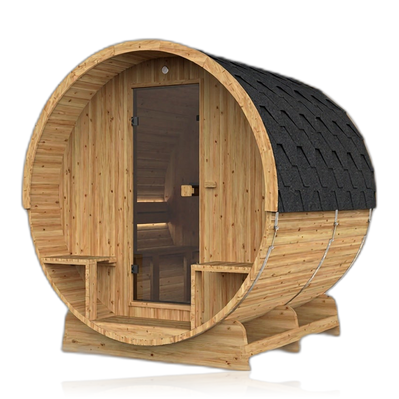 Barrel 250, sauna NODO, vue 3, posé au sol